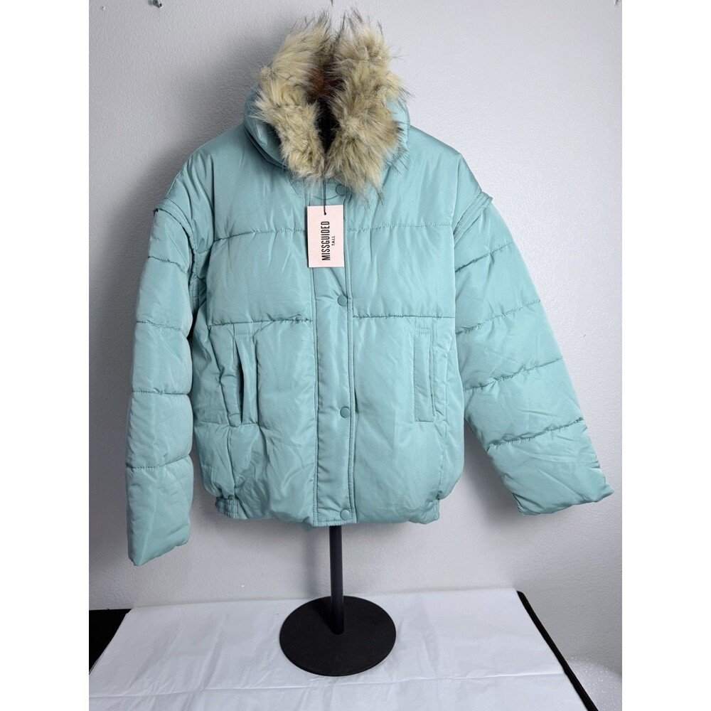 Missguided Tall Women’s US 4 Sage Puffer Jacket Faux Fur Collar NWT